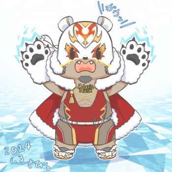1boy animal_hands bear_mask cape character_name chibi chibi_only dark-skinned_male dark_skin dated facial_hair fangs fur-trimmed_cape fur_trim gloves goatee leotard live_a_hero male_focus mask open_mouth paw_gloves pectoral_cleavage pectorals polaris_mask_(live_a_hero) red_leotard sabita_kan shoes solo translated wrestler wrestling_outfit