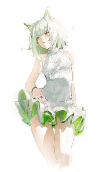 1girl absurdres animal_ear_fluff animal_ears arknights bare_shoulders blush breasts cat_ears dress frilled_dress frills gandy_(gan3e46) green_dress green_eyes hand_on_own_hip highres kal'tsit_(arknights) looking_to_the_side open_mouth short_dress short_hair simple_background sleeveless sleeveless_dress small_breasts solo standing strapless strapless_dress sundress thick_thighs thigh_gap thighs two-tone_dress white_background white_dress white_hair