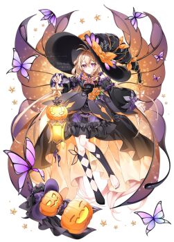 1girl absurdres barefoot black_dress black_hair blonde_hair bug butterfly character_request copyright_request dress flower fujishiro_kazuha full_body halloween hat highres holding insect jack-o&#039;-lantern long_hair looking_at_viewer pumpkin red_eyes smile solo standing thighhighs watermark white_background witch_hat