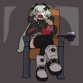 1girl absurdres black_gloves black_jacket black_thighhighs blush caesar_king_(zenless_zone_zero) crossed_legs drinking_straw english_text fake_horns food full_body fur_trim gloves green_hair hair_between_eyes hair_ornament highres holding holding_food horns indoors jacket kumao_max long_hair looking_at_viewer movie_theater open_mouth popcorn prosthesis prosthetic_arm shadow shoes sitting soda solo thighhighs white_shoes zenless_zone_zero