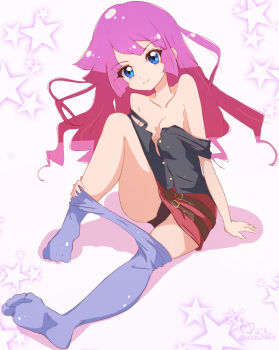 1girl black_panties black_shirt blue_eyes blue_pantyhose breasts closed_mouth clothes_pull collarbone dot_nose eyelashes female_focus full_body highres kirishima_romin knee_up loli long_hair looking_at_viewer panties pantyhose pantyhose_pull pantyshot pink_hair red_skirt shirt shirt_pull simple_background sitting skirt small_breasts smile solo underwear white_background yu-gi-oh! yu-gi-oh!_sevens yuzukiaz