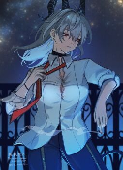 1girl adjusting_clothes adjusting_necktie black_choker black_horns black_pants black_tail button_gap choker cigarette closed_mouth collared_shirt commentary_request cowboy_shot curled_horns earrings grey_hair highres holding holding_cigarette horns jewelry key_earrings long_hair looking_to_the_side loose_necktie necktie night outdoors pants red_eyes shirt solo touma_(owo_tooooma) untucked_shirt white_shirt wuthering_waves zani_(wuthering_waves)