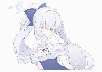 Rule 34 | 1girl, bare shoulders, blue archive, blue bow, blue halo, blue one-piece swimsuit, blue ribbon, blush, bow, casual one-piece swimsuit, frilled one-piece swimsuit, frills, hair bow, halo, highres, hk nnm, long hair, looking at viewer, miyako (blue archive), miyako (swimsuit) (blue archive), off-shoulder one-piece swimsuit, off shoulder, official alternate costume, one-piece swimsuit, ponytail, purple eyes, ribbon, solo, swimsuit, upper body, white background, white hair