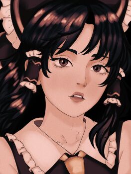 Rule 34 | 1girl, alt text, ascot, bare shoulders, black background, black hair, bow, brown eyes, brown theme, commentary, english commentary, hair bow, hair tubes, hakurei reimu, highres, kwszh, long hair, looking at viewer, muted color, parted lips, portrait, shirt, sidelocks, solo, touhou