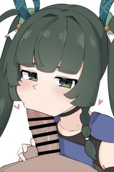 1boy 1girl bar_censor black_choker black_shirt blush braid braided_sidelocks caressing_testicles censored choker collarbone dark-skinned_male dark_skin fellatio green_eyes grey_hair hetero interracial loli long_hair looking_at_viewer matching_hair/eyes mihoyo oral portrait pov pov_crotch qingyi_(zenless_zone_zero) quinoa shirt sidelocks simple_background solo_focus sweat sweatdrop tactical_clothes testicles twintails very_long_hair white_background zenless_zone_zero