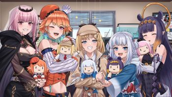 5girls aquarium beaker beret black_dress blonde_hair blue_eyes blue_hair breasts character_doll cleavage detached_sleeves doll dress gardavwar gawr_gura gawr_gura_(1st_costume) gradient_hair grey_hair hair_ornament hat highres holding hololive hololive_english holomyth jewelry long_hair mori_calliope mori_calliope_(1st_costume) multicolored_hair multiple_girls navel ninomae_ina&#039;nis ninomae_ina&#039;nis_(1st_costume) one_eye_closed open_mouth orange_hair pink_eyes pink_hair purple_eyes purple_hair red_eyes shirt short_hair smile spikes stethoscope streaked_hair takanashi_kiara takanashi_kiara_(1st_costume) tentacle_hair tiara veil virtual_youtuber watson_amelia watson_amelia_(1st_costume) window