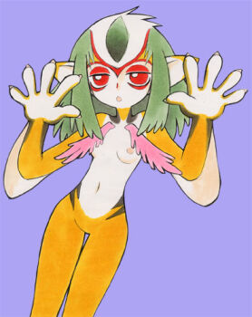 1girl ao_no_roku-gou arm_fins bad_link breasts claws colored_skin completely_nude cowboy_shot facial_mark facing_viewer fish_girl forehead_mark green_hair izuna_yoshitsune jitome long_pointy_ears looking_at_viewer lowres medium_hair monster_girl multicolored_skin mutio narrow_waist navel nipples no_humans no_pupils nude open_hands open_mouth orange_skin pink_wings pointy_ears purple_background red_eyes skinny small_breasts solo striped_skin traditional_media white_skin wings