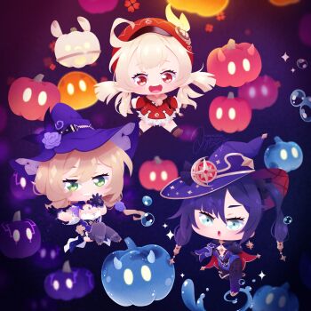 3girls air_bubble breasts brown_hair bubble cleavage commentary_request dress eyelashes full_body genshin_impact green_eyes hair_between_eyes hat highres kinokorin klee_(genshin_impact) leotard lisa_(genshin_impact) mona_(genshin_impact) multiple_girls open_clothes pantyhose ponytail pump purple_hair purple_hat red_dress red_eyes red_hat sparkle twintails