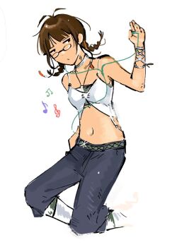 0104mq 1girl akizuki_ritsuko antenna_hair beamed_eighth_notes belt braid breasts brown_hair choker commentary cool_&amp;_sexy_(idolmaster) crop_top cropped_legs eighth_note english_commentary glasses grey_pants hand_up idolmaster idolmaster_(classic) idolmaster_1 king_of_pearl_360_(idolmaster) musical_note navel official_alternate_costume pants simple_background solo treble_clef twin_braids white_background