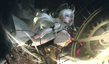 Rule 34 | 1girl, absurdres, arm pouch, black choker, black gloves, black horns, black pants, black tail, breasts, chest harness, choker, closed mouth, collared shirt, commentary, curled horns, demon tail, earrings, english commentary, gloves, greatsword, grey hair, hair between eyes, harness, high-waist pants, highres, horns, jewelry, key earrings, large breasts, long hair, looking at viewer, necktie, pants, red necktie, rin minatozaki, shirt, shirt tucked in, solo, sword, tail, weapon, white shirt, wuthering waves, zani (wuthering waves)