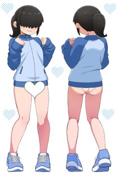 1boy absurdres ass black_hair blue_jacket bulge commentary_request hair_over_eyes heart highres jacket original ponytail salsiccia_makino shoes short_hair sidelocks simple_background sneakers swimsuit swimsuit_under_clothes track_jacket trap white_background