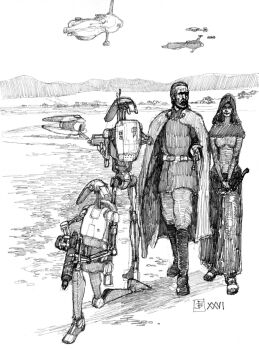 1boy 1girl asajj_ventress b1_battle_droid beard boots breasts cape commentary count_dooku dress droid english_commentary facial_hair goatee greyscale gun highres holding holding_gun holding_weapon hood hood_up humanoid_robot looking_to_the_side medium_breasts monochrome on_one_knee radio_antenna robot science_fiction seagan spacecraft star_wars star_wars:_the_clone_wars_(2008_tv_series) walking weapon