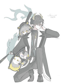 Rule 34 | 1girl, 2boys, 32c1ff, aged down, animal ear hood, bandaid, bandaid on leg, baseball bat, black gloves, black hair, black jacket, black pants, black shirt, black shoes, black socks, caelus (honkai: star rail), carrying, carrying person, commentary request, dan heng (honkai: star rail), dan heng (lurking) (honkai: star rail), dan heng (permansor terrae) (honkai: star rail), dragon boy, dragon horns, dragon tail, dual persona, eyeliner, facing viewer, fake animal ears, fingerless gloves, full body, gloves, green eyes, grey hair, grey shorts, hair between eyes, hair over shoulder, hand up, headset, highres, holding, holding baseball bat, honkai: star rail, honkai (series), hood, hood up, hooded jacket, horns, jacket, long hair, long sleeves, makeup, male focus, multiple boys, official alternate costume, on one knee, pants, pointy ears, ponytail, red eyeliner, shirt, shoes, short hair, shorts, simple background, socks, stelle (honkai: star rail), tail, trailblazer (honkai: star rail), translation request, upside-down, white background, yellow eyes, yellow horns, yellow pupils