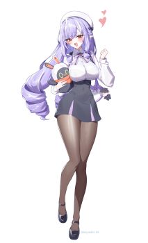 Rule 34 | 1girl, absurdres, bangboo (zenless zone zero), beret, black shoes, black skirt, breasts, brown pantyhose, collared shirt, commentary request, eous (zenless zone zero), full body, hat, heart, highres, large breasts, long hair, long sleeves, looking at viewer, multicolored hair, open mouth, pantyhose, pointy ears, red eyes, shirt, shoes, simple background, skirt, smile, standing, streaked hair, taiyaki12, twitter username, vivian banshee, white background, white hair, white hat, white shirt, wise (zenless zone zero), zenless zone zero