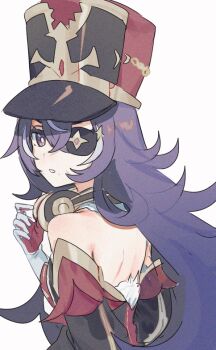 Rule 34 | 1girl, bare shoulders, chevreuse (genshin impact), detached sleeves, earmuffs, earmuffs around neck, eyepatch, genshin impact, hair between eyes, hat, long hair, looking at viewer, looking back, multicolored hair, mxkjxm (nhss2337), parted lips, purple eyes, purple hair, shako cap, simple background, solo, streaked hair, upper body, very long hair, white background