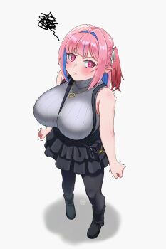 1girl absurdres bag bare_arms bare_shoulders between_breasts black_bag black_pantyhose black_shoes black_skirt blue_hair blush breasts clenched_hands closed_mouth colored_inner_hair commentary dated_commentary fang grey_sweater hair_horns hair_intakes hair_ribbon heart heart_necklace highres horns huge_breasts jewelry kanan-sama_wa_akumade_choroi kanan_(kanan-sama) looking_at_viewer medium_hair multicolored_hair mutsuki_(mutsuki0110) necklace pantyhose pink_eyes pink_hair pointy_ears pout red_horns ribbed_sweater ribbon shoes signature skin_fang skirt sleeveless sleeveless_sweater solo squiggle strap_between_breasts sweater two-tone_hair white_background white_ribbon
