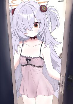 1girl absurdres alternate_costume artist_name aurelia88 bad_tag bare_shoulders black_bow black_eyes blue_archive blush bow bright_pupils closed_mouth collarbone commentary cowboy_shot door_handle doorknob eyeball_hair_ornament flat_chest frilled_nightgown frills grey_hair hair_between_eyes hair_intakes hair_over_one_eye halo highres indoors kanoe_(blue_archive) light_smile loli long_bangs long_hair looking_at_viewer nightgown one_eye_covered open_door opening_door orange_eyes orange_halo pink_nightgown scar scar_on_neck signature simple_background solo spiked_hair standing thigh_gap thighs two_side_up very_long_hair white_background white_pupils