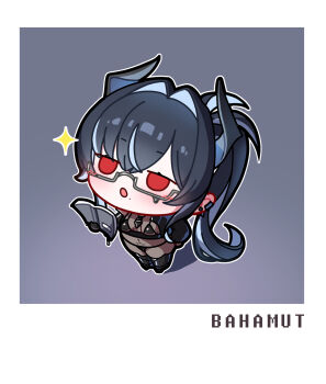 1girl bahamut_(nikke) bikini black_bikini black_hair blush bodystocking book boots breasts commentary earrings glasses goddess_of_victory:_nikke hair_intakes hand_on_own_hip hand_up high_ponytail highres holding holding_book horns jacket jewelry jitome liquid_clothes long_hair looking_up mole mole_under_mouth necktie open_mouth polaroid_photo ponytail red_eyes semi-rimless_eyewear solo sparkle swimsuit symbol-only_commentary upside-down upside-down_book uz_(uzru0428) very_long_hair