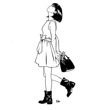 1girl arms_behind_back bag bare_shoulders boots breasts closed_mouth eguchi_hisashi from_side greyscale handbag highres holding leg_up looking_up medium_breasts medium_hair monochrome original profile signature simple_background skirt solo standing standing_on_one_leg tank_top white_background