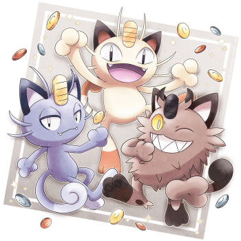 albrt-wlson alolan_form alolan_meowth animal_focus closed_mouth coin colored_sclera commentary english_commentary fangs galarian_form galarian_meowth gen_1_pokemon gen_7_pokemon gen_8_pokemon gold highres koban_(gold) meowth nintendo no_humans one_eye_closed open_mouth outline pokemon pokemon_(creature) pokemon_focus sharp_teeth smile sparkle teeth white_eyes white_outline yellow_sclera