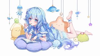 1girl animal-shaped_pillow barefoot blue_ankle_cuffs blue_capelet blue_dress blue_eyes blue_hair blue_wrist_cuffs book braid capelet commentary_request copyright_request dress eating feet_up food food_in_mouth frilled_capelet frilled_wrist_cuffs frills full_body gradient_eyes green_eyes hair_jewelry hand_on_book hand_up highres holding holding_food jellyfish leg_up long_hair looking_at_viewer lying multicolored_eyes official_art on_pillow on_stomach pine_(angel4195202) pocky pocky_in_mouth simple_background sleeveless sleeveless_dress solo star_(symbol) turtle virtual_youtuber white_background wrist_cuffs