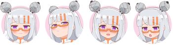 Rule 34 | 1girl, alpha transparency, artist request, blunt bangs, blush, border, close-up, closed mouth, dot nose, double bun, gelee (puniru wa kawaii slime), glasses, grey hair, hair bun, head tilt, jitome, long hair, looking at viewer, multiple views, official art, open mouth, orange-framed eyewear, pink background, puniru wa kawaii slime, purple eyes, second-party source, semi-rimless eyewear, sidelocks, simple background, straight-on, tareme, transparent background, under-rim eyewear, variations, white border