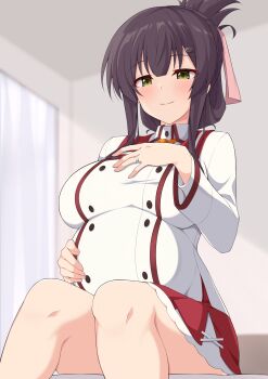 Rule 34 | 1girl, big belly, black hair, blush, breasts, closed mouth, commission, curtains, dot nose, green eyes, hair ornament, hair ribbon, hairclip, half updo, hand on own stomach, highres, indoors, jewelry, large breasts, looking at viewer, maruta (denmasked), pink ribbon, pregnant, red skirt, ribbon, ring, shirt, short hair, sitting, skeb commission, skirt, smile, solo, toji no miko, variant set, wedding ring, white shirt, yanase mai