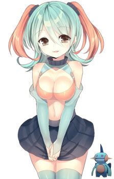 1girl black_eyes black_skirt breasts brown_hair cleavage detached_sleeves gen_3_pokemon green_hair kuro_guren large_breasts looking_at_viewer marshtomp medium_hair nintendo own_hands_together personification pokemon pokemon_(creature) simple_background skirt solo standing thighhighs two_side_up white_background