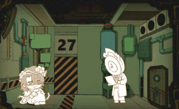 Rule 34 | 1boy, 1koma, 1other, absurdres, alternate costume, beard stubble, boots, brown eyes, brown hair, cable, capelet, caution, chibi, chibi only, clipboard, clock, closed mouth, coat, collared shirt, comic, containment unit, crown of thorns, dante (limbus company), door, dress, dress shirt, e.g.o (project moon), expressionless, facial hair, fake screenshot, fire, flower, flower wreath, formal clothes, from side, full body, garden of thorns (e.g.o), gauntlet, gauntlets, glasses, gloves, gregor (project moon), hair between eyes, hair flower, hair intakes, hair ornament, hair over one eye, hair vines, hairband, half-closed eyes, hands on own knees, head wreath, highres, holding, holding clipboard, holding paper, holding pen, indoors, industrial pipe, jitome, knees bent, knees up, lapels, lily26983455, limbus company, lobotomy corporation, long coat, long hair, long sleeves, looking at another, looking at clipboard, looking down, male bride, monitor, necktie, notched lapels, object head, official alternate costume, open clothes, open coat, pants, paper, parody, parted bangs, pen, pillar, plant, project moon, rectangular eyewear, rose, sanpaku, sash, semi-rimless eyewear, shirt, shirt tucked in, shoes, shoulder sash, sidelocks, sign, silent comic, simple background, single gauntlet, single glove, sitting, standing, stubble, suit, thorns, torn capelet, torn clothes, torn dress, under-rim eyewear, vines, waist sash