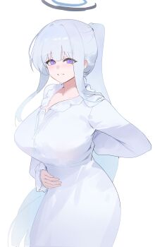 1girl absurdres blue_archive breasts dokshuri dress grey_hair grin halo highres long_hair long_sleeves mechanical_halo noa_(blue_archive) noa_(pajamas)_(blue_archive) official_alternate_costume pajamas ponytail purple_eyes smile white_pajamas
