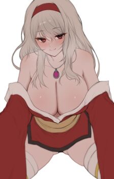 1girl absurdres bare_shoulders black_panties breasts cleavage closed_mouth commission downblouse dress extended_downblouse gadeung_hye hairband highres jewelry large_breasts long_hair looking_at_viewer necklace obi off-shoulder_dress off_shoulder original panties panty_peek red_dress red_eyes red_hairband sash short_dress simple_background skindentation smile solo spread_legs thighhighs underwear white_background white_hair white_thighhighs wide_sleeves