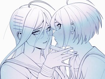 2girls ahoge blush collared_shirt danganronpa_(series) danganronpa_another_episode:_ultra_despair_girls eyelashes fukawa_toko glasses hair_between_eyes hair_ornament hairclip highres holding holding_pen ling_yun_(amadare0803) long_hair mole mole_under_mouth monochrome multiple_girls naegi_komaru nib_pen_(object) pen round_eyewear shirt short_hair simple_background smile white_background yuri