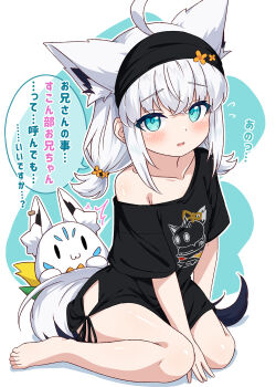 1girl aged_down animal_ears barefoot between_legs black_hairband black_shirt blue_eyes creature extra_ears flying_sweatdrops fox_ears fox_girl fox_tail hachiman_tanuki hairband hand_between_legs highres hololive looking_at_viewer low_twintails medium_hair naked_shirt nejima_kitsune_(shirakami_fubuki) no_pants off_shoulder parted_lips shirakami_fubuki shirakami_fubuki_(loungewear) shirt short_sleeves short_twintails shy single_bare_shoulder sitting sukonbu_(shirakami_fubuki) tail twintails virtual_youtuber wariza white_hair