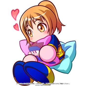 1girl artist_request blue_jacket blue_shoes brown_eyes commentary_request copyright_notice cushion heart high_ponytail holding_cushion jacket jikkyou_powerful_pro_yakyuu jikkyou_powerful_pro_yakyuu_(style) jikkyou_powerful_soccer multicolored_jacket multicolored_shoes no_mouth official_art okuzono_ayu on_cushion orange_hair ponytail rayman_limbs shoes solo translation_request two-tone_jacket two-tone_shoes white_background yellow_jacket yellow_shoes