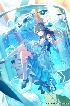 1girl air_bubble artist_request bad_source blue_dress blue_shoes bubble choker copyright_notice cup dress drinking_straw frilled_choker frilled_socks frills full_body gakuen_idolmaster green_eyes hair_flaps highres ice ice_cube idolmaster in_container in_cup in_water long_hair looking_at_viewer official_art oversized_object parted_lips second-party_source shoes socks solo submerged tsukimura_temari underwater water white_socks