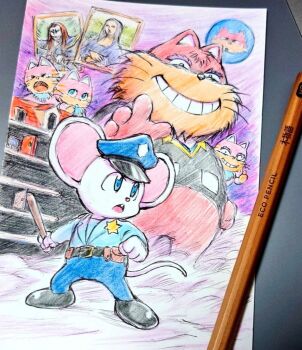 2boys 3others animal_ears animal_nose art_tools_in_frame baby_animal badge baton_(weapon) black_shirt black_shoes blue_eyes blue_hat blue_pants blue_shirt buck_teeth cameo cat cat_boy cat_ears cat_tail child coin colored_pencil colored_pencil_(medium) commentary computer crying door fine_art_parody furry furry_male genpei_touma_den grin hat heika_(heikahp) holding_baton_(weapon) kitten mappy mewkies mona_lisa mouse_boy mouse_ears mouse_tail multiple_boys multiple_others nyamco open_mouth painting_(object) pants parody peaked_cap pencil police police_badge police_hat police_uniform policeman red_cat shirt shoes smile standing tail taira_no_kagekiyo teeth traditional_media weapon whiskers