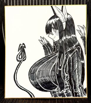 1girl black_hair black_sweater black_tail breasts closed_mouth demon_girl demon_horns demon_tail demon_wings dress glasses greyscale hatching_(texture) highres horns huge_breasts long_hair looking_at_viewer merii_(mazohaha) monochrome musuko_ga_kawaikute_shikatanai_mazoku_no_hahaoya pantyhose pointy_ears ribbed_sweater semi-rimless_eyewear simple_background sketch smile solo sweater tail traditional_media under-rim_eyewear white_background wings zyugoya