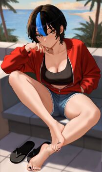 1girl :/ absurdres anklet bare_legs barefoot beach black_hair black_nails black_sports_bra blue_hair blurry blurry_background breasts brown_eyes cleavage collarbone commentary_request couch cutoffs denim denim_shorts feet foot_on_own_leg hair_between_eyes hand_on_own_cheek hand_on_own_face head_rest highres jacket jewelry looking_at_viewer medium_breasts nail_polish navel navel_piercing nihu on_couch original palm_tree partially_unzipped piercing red_jacket sandals shiragi_(nihu) short_hair shorts single_hair_streak sitting solo sports_bra thighs toenail_polish toenails toes tree unworn_sandals