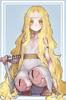 1boy absurdres armlet blush border closed_mouth collarbone commentary_request doll_joints dress ekrea_jan elden_ring elden_ring:_shadow_of_the_erdtree expressionless eyelashes feet flat_chest full_body gold_armlet golden_sash grey_background hair_intakes harp highres holding instrument joints long_hair looking_at_viewer male_focus miquella_(elden_ring) parted_bangs revenant_(elden_ring) shadow squatting tiptoes toenails toes trap very_long_hair white_dress yellow_eyes