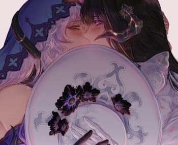 2girls bare_shoulders black_gloves black_hair black_swan_(honkai:_star_rail) blush cerii15 commentary english_commentary gloves hat holding holding_unworn_clothes holding_unworn_hat honkai:_star_rail honkai_(series) horns kiss mole mole_under_eye multiple_girls pink_background purple_eyes purple_hair simple_background the_dahlia_(honkai:_star_rail) unworn_hat unworn_headwear veil white_gloves white_hat yuri