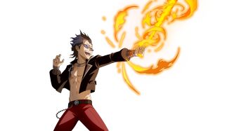 1boy absurdres belt black_belt black_clover black_clover_m:_rise_of_the_wizard_king black_hair black_jacket fire highres incredibly_absurdres jacket jewelry magna_swing multicolored_hair navel necklace non-web_source official_art open_clothes open_jacket open_mouth pants purple-tinted_eyewear purple_hair pyrokinesis red_pants short_hair simple_background solo teeth tinted_eyewear transparent_background two-tone_hair