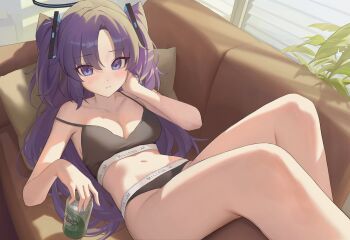 1girl absurdres beer_can black_halo blue_archive bra can clothes_writing commentary couch drink_can grey_bra grey_panties halo heine_(haloo1101) highres holding holding_can long_hair looking_at_viewer mechanical_halo on_couch panties purple_eyes purple_hair sitting solo sports_bra sports_panties strap_slip symbol-only_commentary two_side_up underwear underwear_only underwear_writing yuuka_(blue_archive)