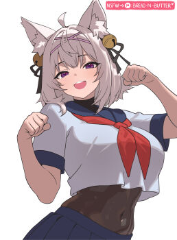Rule 34 | 1girl, animal ear fluff, animal ears, bell, blue sailor collar, blue skirt, bread-n-butter, breasts, cat ears, cat girl, filian (vtuber), hair bell, hair ornament, highres, indie virtual youtuber, looking at viewer, open mouth, paw pose, pleated skirt, purple eyes, ribbon, sailor collar, school uniform, shirt, short hair, simple background, skirt, smile, solo, undershirt, virtual youtuber, white background, white hair, white shirt
