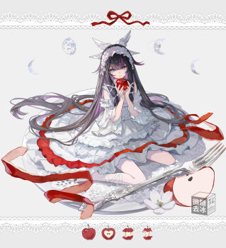 1girl absurdres apple apple_slice bare_shoulders black_hair blunt_bangs chinese_commentary closed_mouth columbina_(genshin_impact) commentary_request dress food fork frilled_dress frilled_sleeves frills fruit genshin_impact hair_ornament head_wings highres holding holding_food holding_fruit issign long_hair looking_at_viewer moon_phases multicolored_hair plate purple_eyes purple_hair purple_streaks sitting solo streaked_hair two-tone_hair wariza white_dress white_headdress white_sleeves white_wings wings x_hair_ornament