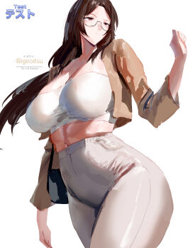 1girl absurdres breasts brown_eyes brown_hair brown_jacket cleavage commentary_request crop_top glasses highres igiroitsu jacket large_breasts long_hair midriff navel open_clothes open_jacket original pants parted_bangs semi-rimless_eyewear shirt solo white_pants white_shirt