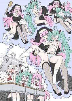 3girls @_@ between_breasts black_shoes black_thighhighs blue_pants breasts breasts_out camisole character_request closed_eyes commentary confessions_of_a_rotten_girl_(vocaloid) cross_hair_ornament desk double_bun face_between_breasts fingering fishnet_thighhighs fishnets flying_sweatdrops glasses green_hair grey_hair grey_skirt hair_bun hair_ornament hatsune_miku head_between_breasts high_heels highres imagining koharu_rikka large_breasts long_hair megurine_luka multiple_girls nipples nun open_mouth paddle panties pants pink_hair plaid_clothes plaid_skirt pleated_skirt purple_eyes reach-around school_desk shirt shoes skirt smile socks speech_bubble striped_clothes striped_panties symbol-only_commentary thighhighs thought_bubble truffleduster twintails underwear vocaloid white_camisole white_shirt white_socks yuri