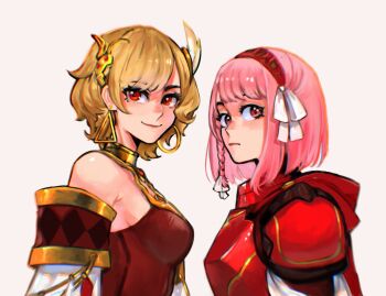 Rule 34 | 2girls, absurdres, armpits, blonde hair, breasts, brown dress, citrinne (fire emblem), commentary, dress, earrings, english commentary, fire emblem, fire emblem engage, gold choker, hair ornament, highres, hoop earrings, jewelry, lapis (fire emblem), looking at viewer, medium breasts, mismatched earrings, multiple girls, nintendo, pink hair, red eyes, sethkiel, wing hair ornament