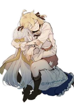 2girls anisphia_wynn_palettia black_ribbon blonde_hair blush boots bow closed_eyes dress euphyllia_magenta grey_hair hair_ribbon highres hug koyomania leg_lock long_hair long_sleeves medium_hair multiple_girls ribbon shirt simple_background skirt smile straddling tensei_oujo_to_tensai_reijou_no_mahou_kakumei upright_straddle white_background yellow_ribbon yuri