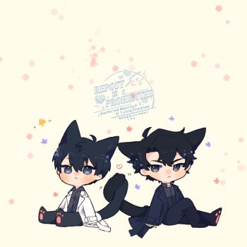 2boys :&lt; :/ ahoge animal_ears black_coat black_eyes black_hair black_shirt cat_ears cat_tail chibi chibi_only coat curtained_hair double-parted_bangs full_body hair_between_eyes highres holding_another&#039;s_tail kemonomimi_mode kim_dokja kimidori_22 looking_at_viewer male_focus multiple_boys omniscient_reader&#039;s_viewpoint open_clothes open_coat paw_shoes popped_collar shirt short_hair sitting tail white_coat yoo_joonghyuk