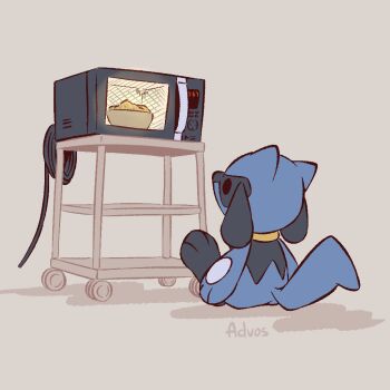 advos black_fur blue_fur chibi commentary english_commentary gen_4_pokemon grey_background looking_up microwave nintendo pokemon pokemon_(creature) riolu signature simple_background sitting solo tail two-tone_fur watermark wire